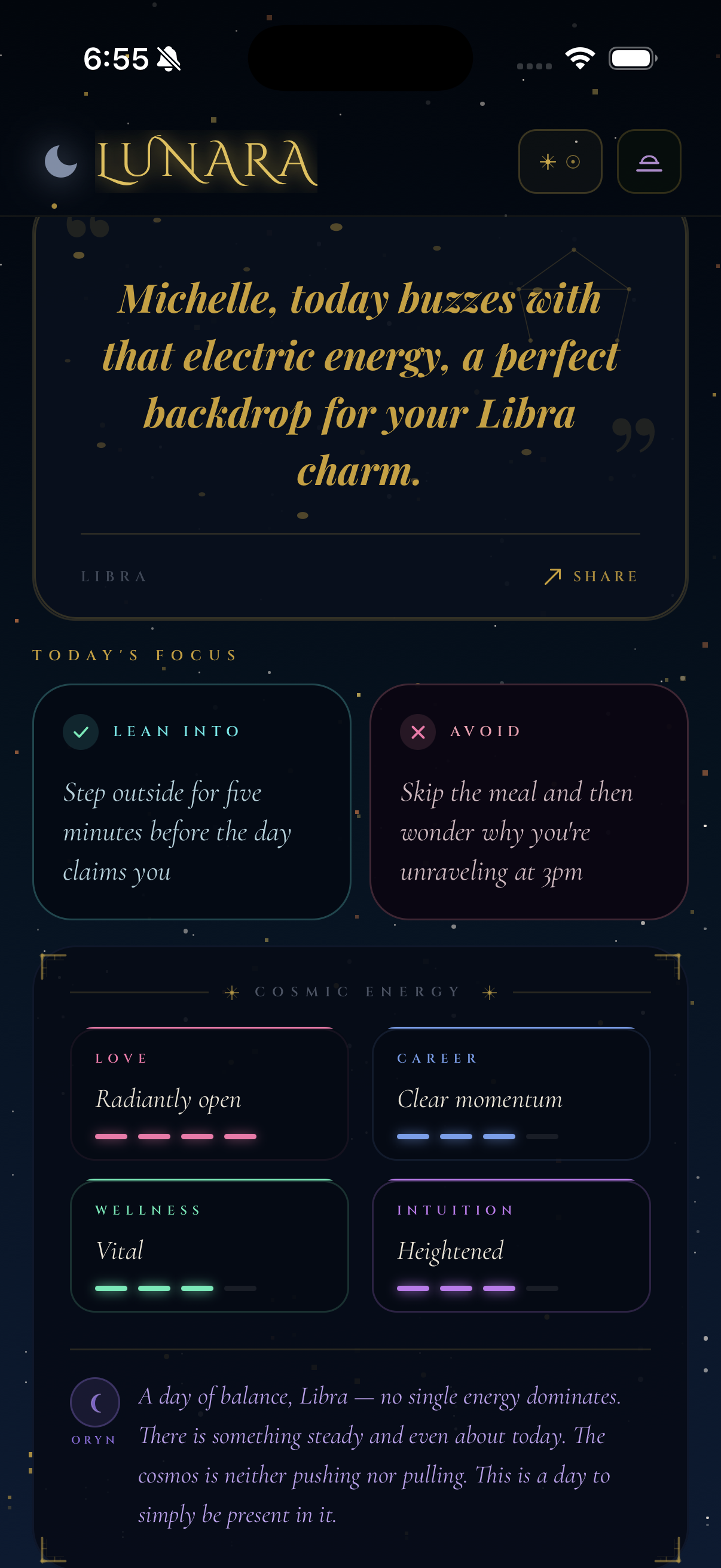 Lunara — today's reading on the home screen